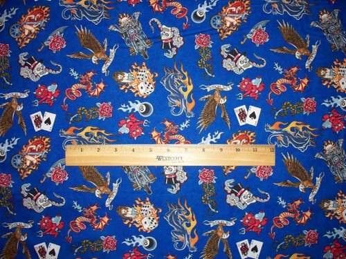 TATTOO SKULL INK ROSE HARLEY BLUE MOTORCYCLE COTTON FABRIC 8 IN SCAP CUT - Picture 5 of 7