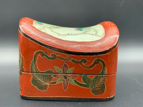 Antique Chinese Japanese Lacquerware Paper Mache Inlaid Porcelain Trinket Box - Picture 9 of 11