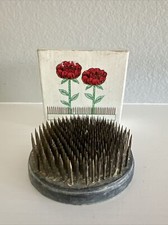 Vintage 3" Heavy Metal Spike Round Floral Flower Frog Aged Patina Rustic Decor