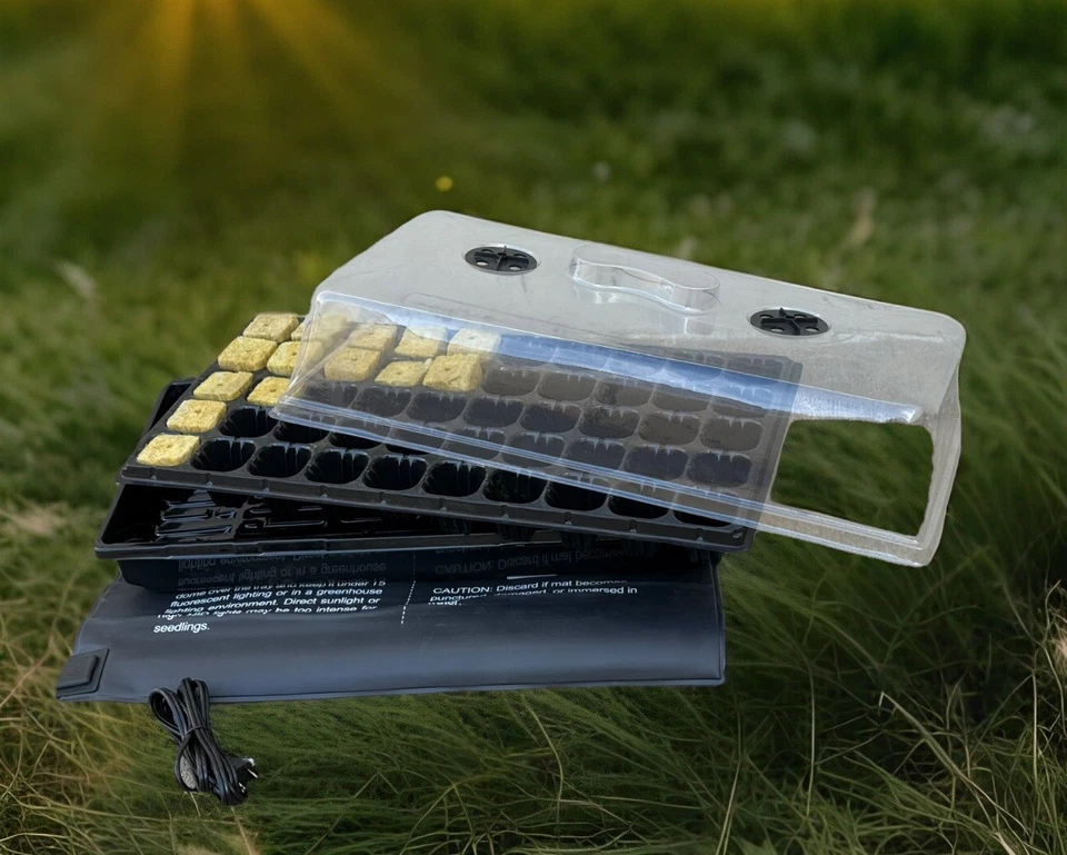 10" x20" 50 Cell Seedling Starter Kit Seed Tray Dome 2x2 Rockwool Block Heat Mat - Image 2 of 4