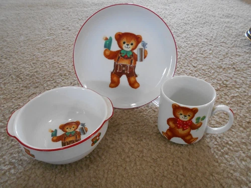 Reutter Porcelain Bowl Cup Plate Dinner Set Teddy Bear W Germany