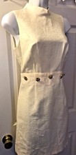 New ASOS Ivory Textured Dress Cream Rhinestone Button Trim Open Back Shift Sz 4