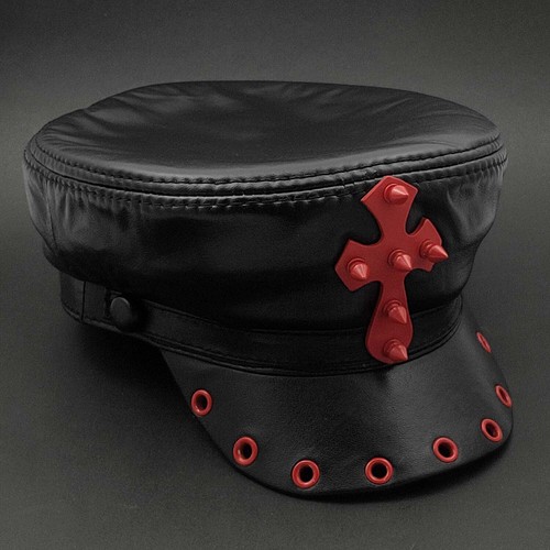 Punk Biker Cross Genuine Leather Cap Hat Men's Rocker Cap - Picture 3 of 5