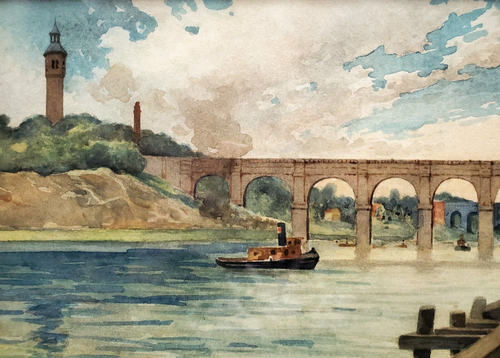 Gemälde Aquarell Fluss Brücke William Frazee Strunz Amerikanischer Künstler 1897 - Picture 4 of 11