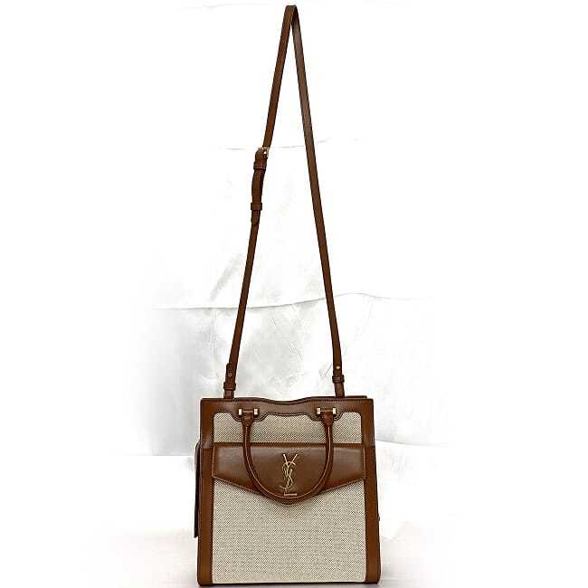 Borsa Saint Laurent 2 vie Uptown marrone beige 634747 buone condizioni tracolla tela