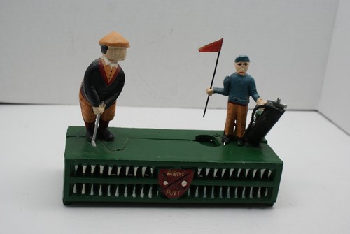 Birdie Putt Cast Iron Golfer & Caddy Mechanical Coin Piggy Bank Man Cave Item - Picture 3 of 11