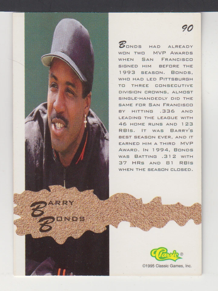 BARRY BONDS : MLB - 1995 - CLASSIC ASSETS - CARD # 90 - Image 2 of 2
