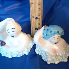 Clay Art SALT & PEPPER SHAKERS Woman Man Bubble Bath Showering