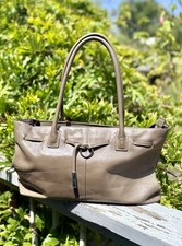 agnes b VOYAGE Khaki LEATHER Structured TOTE Silver O-Ring Detail Made/JAPAN EUC