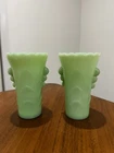 Vintage Fire King Jadeite Bud Vases Pair Art Deco Chevron Tulip Scalloped Glass