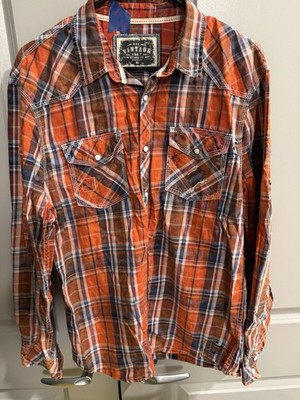 BKE Mens Western Pearl Snap Plaid Shirt Medium Relaxed Fit Distressed Roll Tab