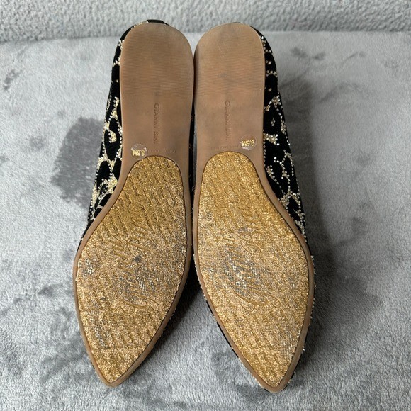 Gianni Bini Womens Flats 8.5M Black Gold Rhinestone Animal Print Pointed Toe