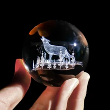 HDCRYSTALGIFTS 60Mm Wolf Crystal Ball with Stand 3D Laser Engraved Animal Figuri