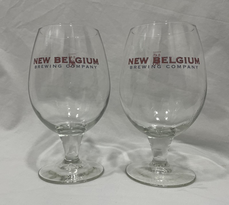 New Belgium Brewery beer glasses (2), Colorado craft brewer, mint cond.