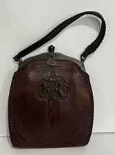 Antique Tooled Leather Arrs And Crafts Jemco Purse With Beveled Mirror 1920s