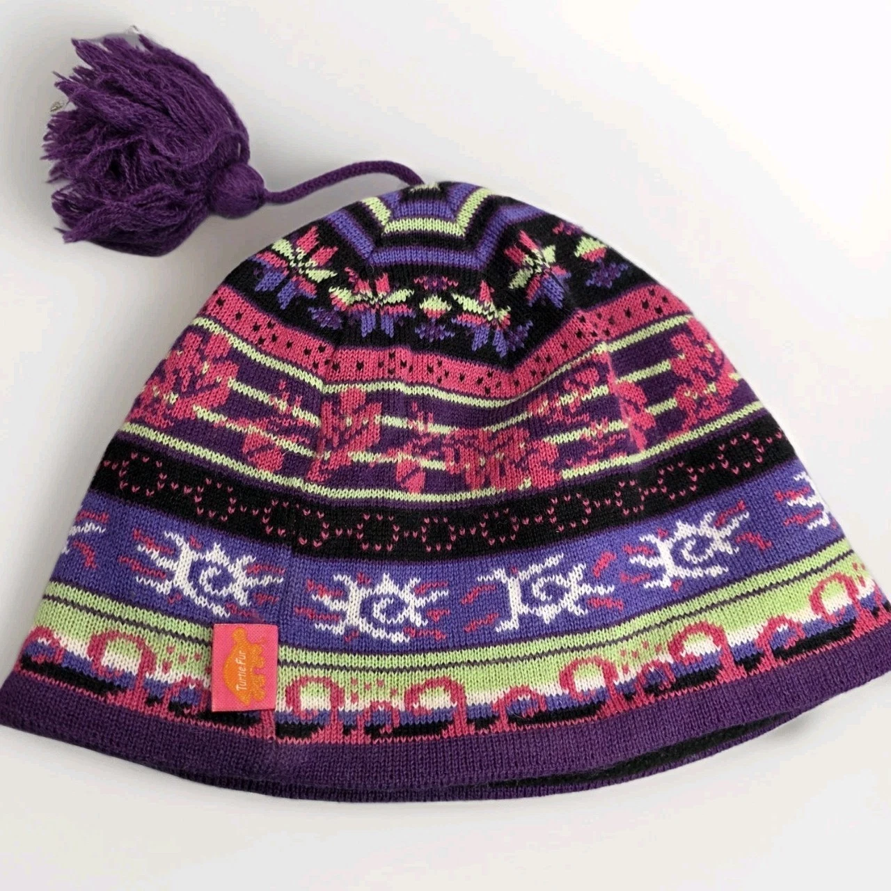 Turtle Fur Adult Beanie Merino Wool Blend Fleece Lined Boho Tassel Hat Purple