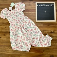 NWT SweetHoney Smocked Romper Dino Dreams 9 Cream Pink Green Knit Short Sleeve