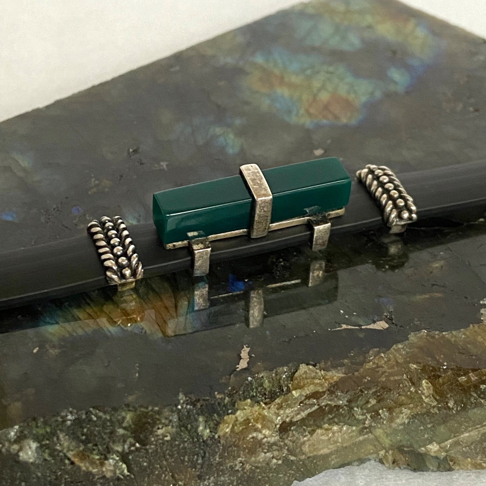 Sterling Silver 925 Rectangular Green Acrylic Bla… - image 4