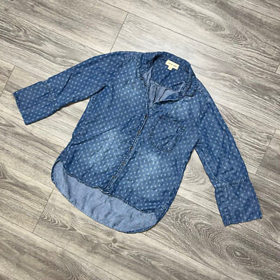 Cloth & Stone Blue Dotted Chambray Tencel High Low Button Down Blouse Shirt XS