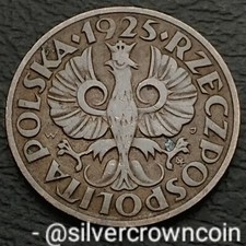 Poland 2 Grosze 1925 WJ. Y#9a.  Two Cents coin. Crowned Eagle Wings Open. 