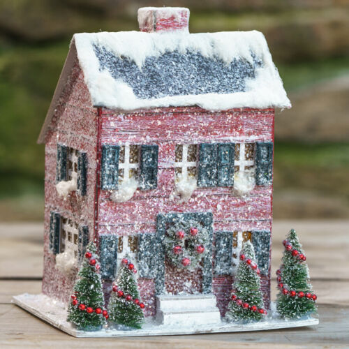 8&#034; Snowy Red Saltbox Putz House Bottlebrush Trees Retro Vntg Christmas Decor