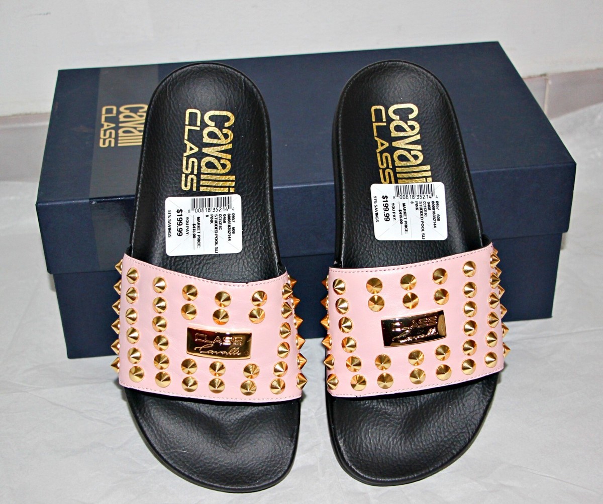 CAVALLI CLASS BY ROBERTO CAVALLI Cone Stud Leather Pool Slides in Pink sz  $415