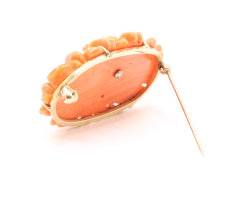 Vintage 14k Yellow Gold Coral Carved Flower with Diamond Accent Brooch - Picture 3 of 8