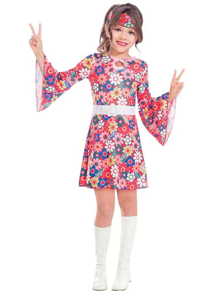 CHILDS, GIRLS MISS 60'S HIPPIE FLOWER PRINT FANCY DRESS COSTUME OUTFIT