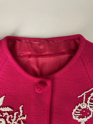 Vintage 50s Beaded Cardigan Red White Hong Kong Wool Sweater S 34" Bust, Lantern - Picture 7 of 7