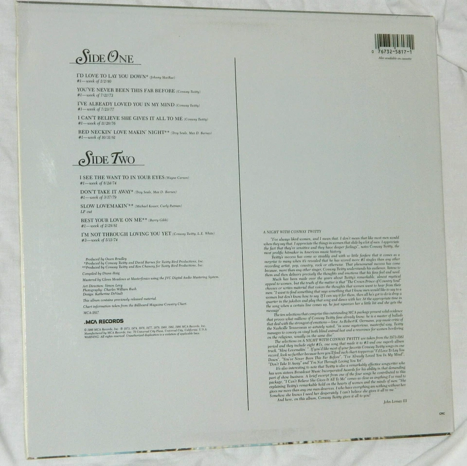 A Night with Conway Twitty LP MCA 5817 1986 / NM - Image 2 of 2