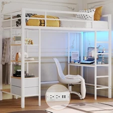 Twin Loft Bed with Desk Metal Loft Bed Frame with Charging Station Led Lights
