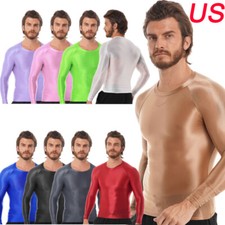 Mens Glossy Long Sleeve T-shirts Slim Fit Breathable Tops Yoga Sportwear