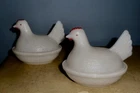 2 VINTAGE WHITE MILK GLASS CHICKEN HEN ON NEST COVERED TRINKET CANDY DISH BOX
