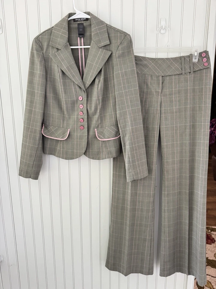 Conjunto Blazer Traje Chaqueta Pantalones Vintage Y2K Talla 8 Marrón Rosa A Cuadros Tiro Bajo Pierna Ancha Foto 3 de 4