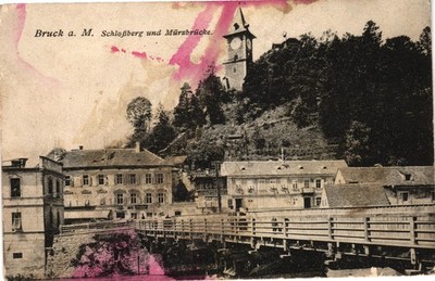 Antique Bruck an der Mur Schlossberg Mur Bridge Austria Postcard 1911