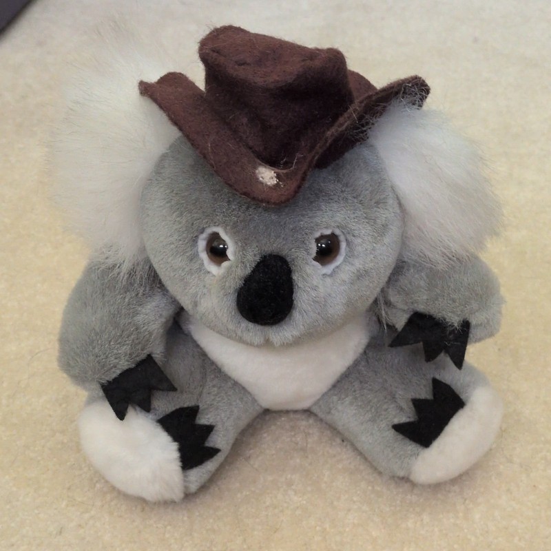 Gray White Koala Plush Stuffed Animal w/ Brown Cowboy Hat, Black Details