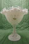 Vtg Fenton Silver Crest Milk Glass Compote - Violets in the Snow -Signed