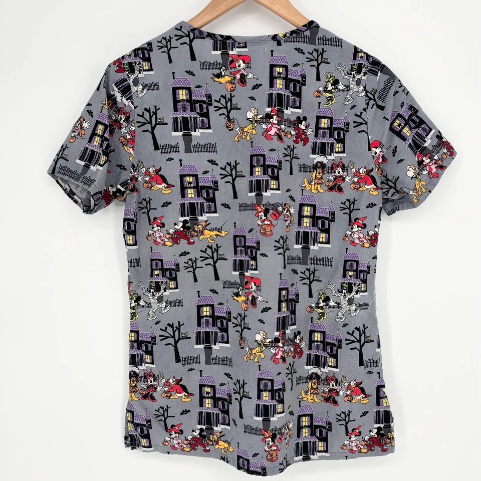 Disney Women's Gray Halloween Mickey Minnie Pluto Scrub Top Size XS - Image 2 of 4