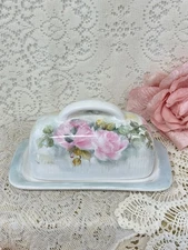 Hand Painted Lidded Butter Dish pink roses, vintage inspired dishwasher safe