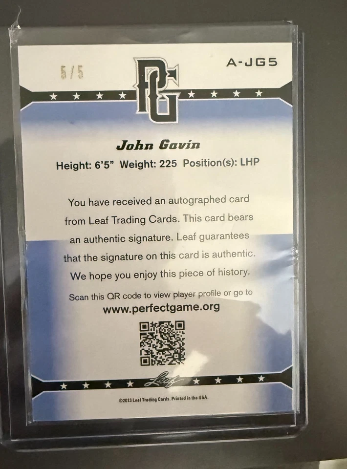 John Gavin 2013 Leaf Perfect Game Showcase Auto  #A-JG5 Serial #5/5 (AU, RC) - Image 2 of 2