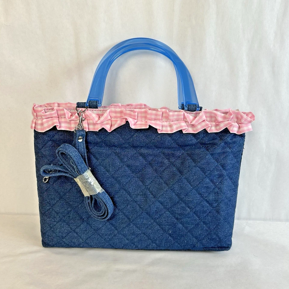 Винтажный OWI Дамская сумка сумочка женщин синий джинсовой ткани выстеганная сумка с короткими ручками розовый имбирь оборки Топ - Изображение 2 из 4