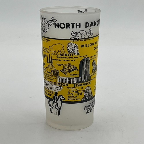 Vaso de vidrio esmerilado recuerdo estatal vintage NORTH DAKOTA Hazel Atlas MCM Bar - Imagen 5 de 10
