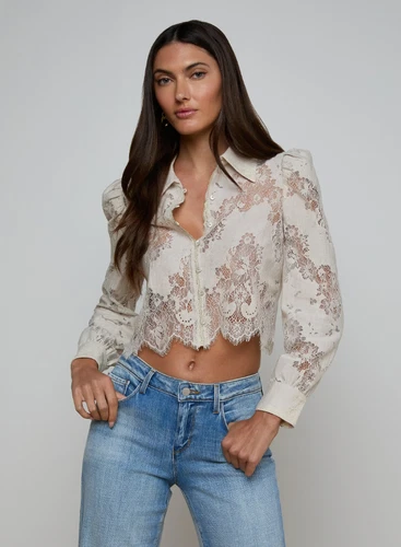 NEW L'AGENCE Anita Lace Blouse Champagne XS