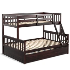 Twin Over Full Bunk Bed with Twin Trundle Convertible Platform Bed Espresso