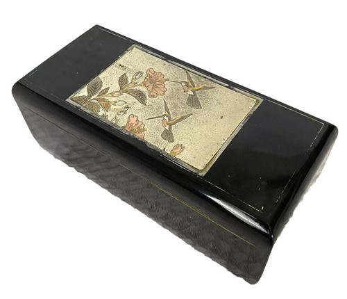 Black Lacquer Jewelry Box Hummingbird Flowers Mirror 6.75" X 3" X 3" Tall