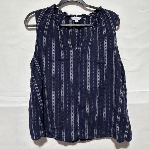 Time And Tru Damen Tank Top Rüschenbesatz V-Ausschnitt Nadelstreifen Bluse Navy Blau XL