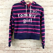 Tommy Hilfiger Girls Striped Hoodie Sweatshirt Jacket Size S Pink Navy Blue