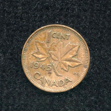 1945 Canada One 1 Cent Coin King George VI Bronze Alloy 2 .980 Copper