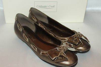 COLDWATER CREEK Bronze Leather Velvet Bow Ballet Flat Skimmers Shoes Sz 6
