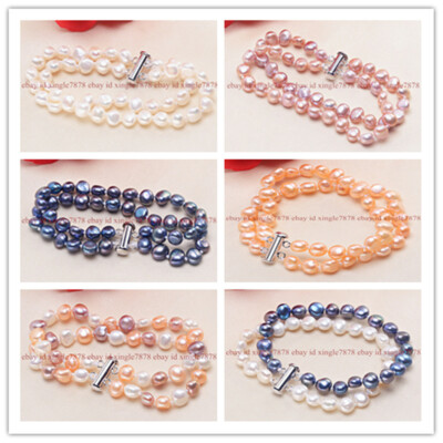 2 Rows Genuine 8-9mm Multicolor Baroque Cultured Freshwater Pearl Bracelet 7.5''